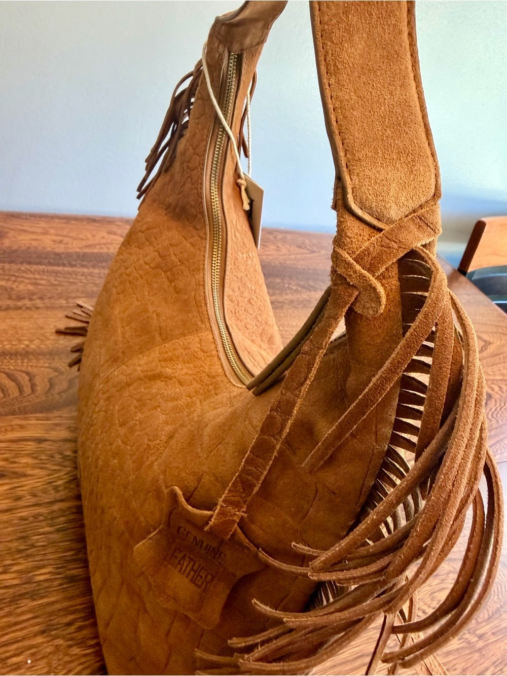 Haute Hippie Cognac Suede Croc-Embossed Fringe Hobo Shoulder Bag - Picture 5 of 10